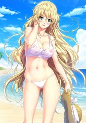 Rule 34 | 1girl, beach, bikini, bikini bottom only, blonde hair, blush, breasts, cleavage, collarbone, cowboy shot, day, desire (c&#039;s ware), gluteal fold, green eyes, hand to head, hat, holding, holding clothes, holding hat, large breasts, long hair, nipples, no bra, official art, open mouth, outdoors, see-through, shirt, solo, standing, straw hat, sun hat, swimsuit, tajima nao, tank top, tina (desire), unworn hat, unworn headwear, very long hair, water, wet, wet clothes, wet shirt