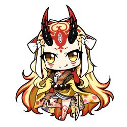 Rule 34 | 1girl, bare legs, barefoot, blonde hair, brown eyes, closed mouth, facial mark, fang, fang out, fate/grand order, fate (series), forehead mark, gradient hair, hand on own hip, hand up, head tilt, horns, ibaraki douji (fate), japanese clothes, kimono, long hair, long sleeves, looking at viewer, multicolored hair, off shoulder, oni, oni horns, red hair, shachoo., simple background, smile, solo, standing, standing on one leg, very long hair, white background, wide sleeves, yellow kimono