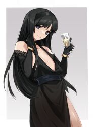 Rule 34 | 1girl, alcohol, black dress, black hair, blue hair, champagne, cocktail dress, cup, dress, drinking glass, elbow gloves, flat chest, gloves, headband, highres, jonyeld, looking at viewer, smile, tohno akiha, tsukihime, wine glass