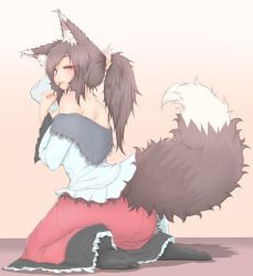Rule 34 | 1girl, alternate costume, animal ears, bare shoulders, black socks, blouse, blush, body blush, breasts, brown hair, cube85, from behind, full body, hair lift, highres, imaizumi kagerou, long hair, long sleeves, looking at viewer, looking back, off shoulder, ponytail, red eyes, red skirt, shirt, sitting, skirt, socks, soles, solo, tail, touhou, wariza, white shirt, wide sleeves, wolf ears, wolf tail
