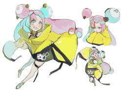 Rule 34 | 1girl, bare shoulders, blue hair, bow-shaped hair, character hair ornament, creatures (company), eyelashes, full body, game freak, grey pantyhose, hair ornament, highres, holding, holding poke ball, iono (pokemon), jacket, long hair, long sleeves, maumaujanken, multiple views, nintendo, open mouth, pantyhose, pink eyes, pink hair, poke ball, poke ball (basic), pokemon, pokemon sv, sharp teeth, single leg pantyhose, sleeves past fingers, sleeves past wrists, teeth, thigh strap, twintails, white background, yellow jacket
