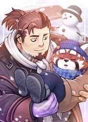 Rule 34 | 2boys, beanie, boogeyman (housamo), brown hair, brown jacket, carrying, carrying person, checkered clothes, checkered scarf, closed eyes, commentary request, condensation, facial hair, furry, furry male, goatee, hat, jacket, kemokemumaki, looking at another, male focus, mittens, multiple boys, open mouth, ponytail, princess carry, red panda boy, red panda ears, scar, scar on face, scarf, sled, sleeping, smile, snow, snowing, snowman, thick eyebrows, tokyo houkago summoners, top hat, white scarf, zhurong (housamo)