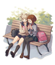 Rule 34 | 2girls, ankle socks, backpack, bag, bench, black bag, black pantyhose, black skirt, black socks, blonde hair, blue sailor collar, blue skirt, boku no hero academia, brown footwear, brown hair, brown sweater, bush, commentary, double bun, full body, grey jacket, hair bun, highres, holding, holding phone, jacket, loafers, looking at phone, messy hair, miniskirt, multiple girls, narrowed eyes, on bench, open mouth, outdoors, own hands together, pantyhose, phone, pink bag, sailor collar, school uniform, shoes, short hair, shoulder bag, sidelocks, sitting, skirt, socks, sweater, toga himiko, u.a. school uniform, uraraka ochako, zinnkousai3850
