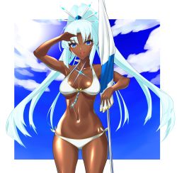 Rule 34 | 1girl, bikini, blue eyes, blue hair, blush, breasts, dark skin, dark-skinned female, dolling60883582, dollinger, highres, large breasts, long hair, looking at viewer, nintendo, open mouth, perun (xenoblade), ponytail, simple background, sky, smile, solo, swimsuit, umbrella, white background, white hair, xenoblade chronicles (series), xenoblade chronicles 2, xenoblade chronicles (series), xenoblade chronicles 2