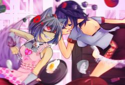 Rule 34 | 2girls, angry, animal ears, apron, bad id, bad pixiv id, bowl, cooking, egg, female focus, frying pan, glowing, glowing eyes, grin, hat, inubashiri momiji, mito (calcomer), motion blur, multiple girls, pointy ears, red eyes, rice, rice bowl, shameimaru aya, smile, tail, touhou, translated, wolf ears