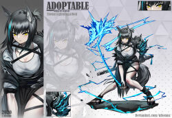 Rule 34 | 1girl, 2020, adoptable, allosauc, animal ear fluff, animal ears, aqua hair, artist name, asymmetrical skirt, black footwear, black hair, black jacket, black ribbon, black skirt, black sleeves, breasts, character sheet, cleavage, close-up, closed mouth, commentary, cowboy shot, deviantart username, electricity, electrokinesis, english commentary, english text, frown, full body, fur-trimmed jacket, fur trim, furrowed brow, gradient background, grey background, hand on hilt, highres, holding, holding sword, holding weapon, jacket, jacket partially removed, katana, large breasts, layered sleeves, leaning forward, leg ribbon, lightning, long skirt, long sleeves, multicolored hair, multiple views, original, polka dot, polka dot background, projected inset, ribbon, sandals, sheath, sheathed, shirt, short hair with long locks, short ponytail, simple background, skirt, sleeves past elbows, stirrup footwear, streaked hair, sword, tail, toes, torn clothes, torn skirt, triangle background, tsurime, weapon, weapon on back, white shirt, wolf, wolf ears, wolf tail, yellow eyes