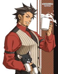 Rule 34 | 1boy, beard, capcom, cat, coffee, facial hair, ace attorney, phoenix wright: ace attorney - trials and tribulations, jewelry, diego armando, magatama, male focus, necktie, ring, solo, vest