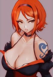 Rule 34 | 1girl, ai-assisted, bare shoulders, black choker, black dress, black hairband, breasts, brown eyes, choker, cleavage, collarbone, dress, grey background, hairband, highres, juliet sleeves, large breasts, long sleeves, nami (one piece), one piece, one piece treasure cruise, orange hair, puffy sleeves, red dress, short hair, shoulder tattoo, simple background, solo, tattoo, teeth, upper body, vcais