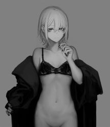 Rule 34 | 1girl, bad id, bad twitter id, bare arms, bare legs, bare shoulders, black bra, black hair, bottomless, bra, breasts, greyscale, hair between eyes, half-closed eyes, highres, long hair, monochrome, no panties, shiroi suzume, simple background, solo, tagme, underwear