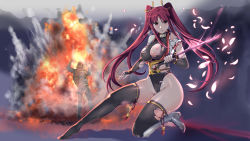 Rule 34 | 1girl, breasts, explosion, katana, long hair, looking at viewer, nipples, original, red eyes, red hair, sasana, solo focus, sword, torn clothes, twintails, weapon