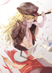 Rule 34 | 10s, 1girl, absurdres, alternate costume, blonde hair, book, brown hat, brown jacket, buttons, hat, heart, highres, holding, holding pen, jacket, kantai collection, kentllaall, long hair, long sleeves, pen, red eyes, solo, sweater, white sweater, yuudachi (kancolle), yuudachi kai ni (kancolle)