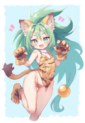 Rule 34 | 1girl, :d, animal ear fluff, animal ears, animal hands, animal print, blue background, blush, breasts, brown footwear, brown gloves, cham cham, commentary request, covered navel, cropped legs, fang, gloves, green eyes, green hair, groin, highres, kolshica, looking at viewer, notice lines, open mouth, paw gloves, paw shoes, samurai spirits, short eyebrows, small breasts, smile, solo, standing, standing on one leg, tail, thick eyebrows, tiger ears, tiger girl, tiger print, tiger tail, two-tone background, white background