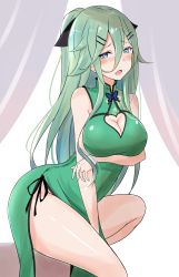 Rule 34 | 1girl, alternate breast size, aqua eyes, aqua hair, arm between legs, bare shoulders, blush, breast hold, breasts, china dress, chinese clothes, cleavage, cleavage cutout, clothing cutout, dress, hair ornament, hairclip, heart, heart-shaped pupils, heart cutout, highres, jewelry, kantai collection, large breasts, long hair, looking at viewer, open mouth, ponytail, ring, saku (kudrove), side slit, solo, symbol-shaped pupils, yamakaze (kancolle)