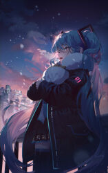 Rule 34 | 1girl, absurdres, aqua eyes, aqua hair, aqua necktie, bag, black coat, black skirt, black thighhighs, building, city, cityscape, cloud, coat, commentary request, cowboy shot, food, fur coat, grey shirt, hatsune miku, highres, holding, holding bag, long hair, long sleeves, necktie, night, night sky, hugging object, open clothes, open coat, open mouth, outdoors, ramingbera, shirt, skirt, sky, skyscraper, solo, standing, taiyaki, teeth, thighhighs, twintails, upper teeth only, very long hair, vocaloid, wagashi