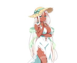 Rule 34 | 1girl, arm under breasts, breasts, brown thighhighs, choker, cleavage, closed mouth, dark-skinned female, dark skin, dress, earrings, green eyes, hand to own mouth, hat, hat ribbon, jewelry, large breasts, long hair, marina (sakura succubus), mole, mole under eye, non-web source, parted bangs, ribbon, ribbon choker, sakura succubus, side slit, sidelocks, smile, solo, straw hat, sun hat, thighhighs, transparent background, very long hair, wanaca, white dress, white hair