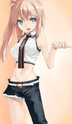 Rule 34 | 1girl, :d, asymmetrical clothes, asymmetrical legwear, bare arms, bare shoulders, belt, blonde hair, blue eyes, breasts, gradient background, grey eyes, looking at viewer, midriff, murata taichi, navel, necktie, open mouth, original, shorts, side ponytail, simple background, single pantsleg, sleeveless, smile, solo, torn clothes, uneven legwear