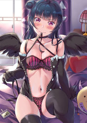 Rule 34 | 10s, 1girl, backlighting, bed, blush, bra, breasts, choker, cleavage, elbow gloves, fallen angel, gloves, hair bun, halterneck, heart, heart-shaped pillow, lace, lace-trimmed bra, lace trim, lingerie, looking at viewer, love live!, love live! school idol festival, love live! sunshine!!, name tag, navel, panties, pillow, pink bra, pink eyes, pink panties, side bun, single side bun, solo, striped bra, striped clothes, striped panties, thighhighs, tipii, tsushima yoshiko, underwear, wavy mouth, wings