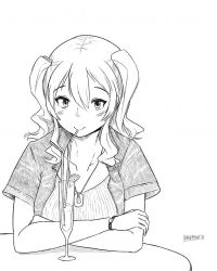Rule 34 | 1girl, alternate costume, arms on table, closed mouth, collarbone, crossed arms, drinking straw, drinking straw in mouth, food, fruit, glass, greyscale, hand on own arm, jacket, jewelry, juice, kantai collection, kashima (kancolle), lemon, lemon slice, looking at viewer, monochrome, open clothes, open jacket, orange (fruit), orange slice, pendant, ribbed shirt, scoop neck, shirt, short sleeves, sidelocks, signature, smile, solo, table, twintails, wangphing, watch, white background