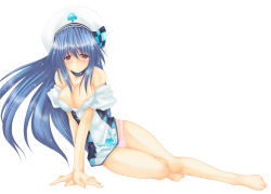 Rule 34 | arin, bare shoulders, barefoot, beret, blue eyes, blue hair, blush, breasts, cameltoe, choker, cleavage, covered erect nipples, dress, hat, large breasts, long hair, pangya, panties, solo, take toshiaki, underwear