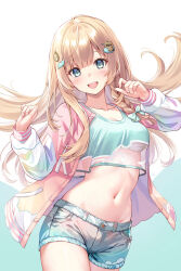 Rule 34 | 1girl, :d, aqua shirt, aqua shorts, bandages, blonde hair, blue eyes, chest sarashi, commentary request, cowboy shot, crop top, crop top overhang, hair ornament, highres, hololive, jacket, kazama iroha, kazama iroha (streetwear), long hair, long sleeves, looking at viewer, midriff, navel, open clothes, open jacket, open mouth, sarashi, sebu illust, see-through, shirt, short shorts, shorts, smile, solo, standing, stomach, thighs, very long hair, virtual youtuber, white background