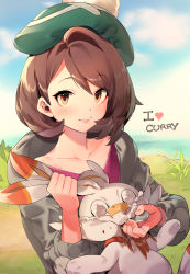 Rule 34 | 1girl, blue sky, blush, brown eyes, brown hair, closed mouth, coat, collarbone, creatures (company), curry, day, english text, feeding, food, force-feeding, game freak, gen 8 pokemon, gloria (pokemon), grabbing another&#039;s ear, grass, green headwear, grey coat, hand on another&#039;s ear, hat, heart, highres, hood, hooded coat, hooded jacket, jacket, long sleeves, nail polish, naso4, nintendo, outdoors, pink lips, pink nails, pokemon, pokemon (creature), pokemon swsh, scorbunny, short hair, sky, smile, sparkle, swept bangs, tam o&#039; shanter, tears, upper body