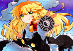 Rule 34 | 1girl, :q, blonde hair, braid, closed mouth, gradient background, green eyes, highres, kirisame marisa, long hair, looking at viewer, mini-hakkero, orb, qqqrinkappp, side braid, single braid, smile, solo, tongue, tongue out, touhou, traditional media, upper body, witch, yin yang, yin yang orb