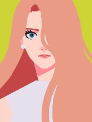Rule 34 | 1girl, aqua eyes, brown hair, earrings, flat color, jewelry, limited palette, long hair, looking at viewer, minillustration, original, parted lips, shadow, simple background, solo, yellow background