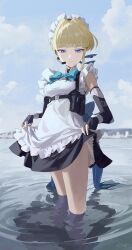 Rule 34 | 1girl, apron, black dress, blonde hair, blue archive, blue eyes, blush, bow, bowtie, breasts, chest harness, clothes lift, dress, elbow gloves, fingerless gloves, gloves, hair intakes, harness, headset, highres, looking down, m.q (mqkyrie), maid, maid headdress, medium breasts, outdoors, pinafore dress, skirt, skirt hold, skirt lift, sleeveless, sleeveless dress, solo, toki (blue archive), wading, white apron