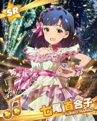 Rule 34 | 10s, 1girl, alternate costume, audience, blue hair, braid, card (medium), character name, character signature, confetti, dress, fireworks, french braid, gradient background, hair ornament, hair ribbon, idolmaster, idolmaster million live!, long hair, looking at viewer, musical note, nanao yuriko, official art, ribbon, short hair, signature, smile, solo focus, stadium, tree, yellow eyes