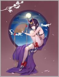 Rule 34 | 1girl, bare arms, bare shoulders, breasts, closed mouth, commentary request, fate/grand order, fate (series), hair ornament, hand fan, holding, horns, kaguyuzu, knee up, lips, looking at viewer, petals, pointy ears, purple eyes, purple hair, shuten douji (fate), simple background, skin-covered horns, small breasts, solo, thighs, toes