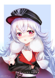Rule 34 | 1girl, absurdres, azur lane, blush, breasts, cape, commentary request, cross, crossed arms, detached collar, fur collar, hair between eyes, hat, highres, iron cross, long hair, long sleeves, looking at viewer, peaked cap, red eyes, sidelocks, simple background, small breasts, solo, two-tone background, white hair, yukizawa xueze, zeppy (azur lane)
