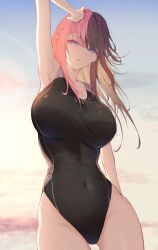 Rule 34 | 1girl, absurdres, armpits, black one-piece swimsuit, blue eyes, blue sky, braid, breasts, brown hair, clothes writing, cloud, commentary, competition swimsuit, copyright name, covered navel, day, french braid, hand on own head, haru (haru83380282), highleg, highres, large breasts, long hair, looking at viewer, multicolored hair, one-piece swimsuit, outdoors, parted lips, pink hair, skin tight, sky, solo, split-color hair, sun, swimsuit, symbol-only commentary, tachibana hinano (vtuber), two-tone hair, virtual youtuber, vspo!, wind