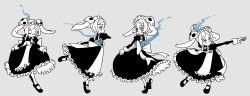 Rule 34 | 1girl, apron, bloody marie (skullgirls), closed eyes, dancing, dress, fire, frilled apron, frilled dress, frills, full body, grey background, greyscale, hair ornament, highres, kuroirozuki, maid headdress, mary janes, monochrome, sequential, shoes, skull hair ornament, skullgirls, smile, solo, spot color, twintails