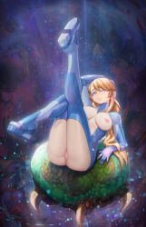 Rule 34 | 1girl, alien, ass, blonde hair, blue bodysuit, blue eyes, bodysuit, breasts, cleft of venus, clothing cutout, full body, highres, knees together feet apart, large breasts, leg up, long hair, looking at viewer, medium breasts, metroid, metroid (creature), nintendo, nipples, parted lips, ponytail, pussy, revealing clothes, samus aran, shoe soles, sidelocks, skin tight, solo, swept bangs, yugen99, zero suit