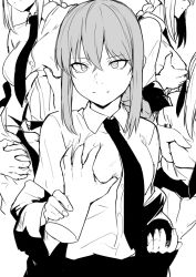 Rule 34 | 1girl, braid, braided ponytail, grabbing another&#039;s breast, breasts, breasts squeezed together, chainsaw man, closed mouth, collared shirt, disembodied hand, dress shirt, grabbing, greyscale, large breasts, long hair, looking at viewer, makima (chainsaw man), monochrome, multiple views, necktie, ringed eyes, shirt, shiseki hirame, single braid, smile