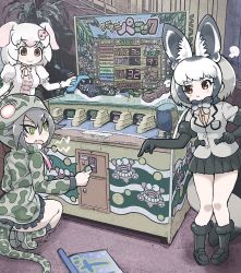 Rule 34 | 3girls, animal ears, arcade cabinet, bat-eared fox (kemono friends), black bow, black fur, black gloves, black skirt, blush, boots, bow, bowtie, brown eyes, choker, commentary request, elbow gloves, extra ears, fox ears, fox girl, fox tail, frilled skirt, frills, fur trim, gloves, grey hair, grey jacket, grey neckwear, hood, hood up, hoodie, jacket, kemono friends, knee boots, long sleeves, multicolored hair, multiple girls, okinawa habu (kemono friends), orange shirt, pig (kemono friends), pig ears, pig girl, pink hair, pink neckwear, pleated skirt, print footwear, puffy short sleeves, puffy sleeves, shirt, short hair, short sleeves, skirt, snake print, snake tail, squatting, tail, tanaka kusao, translation request, white gloves, white hair, white shirt, yellow eyes