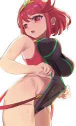 Rule 34 | 1girl, absurdres, adjusting clothes, adjusting swimsuit, breasts, clothes pull, competition swimsuit, floating hair, from below, from side, highres, large breasts, looking back, one-piece swimsuit, open mouth, pyra (pro swimmer) (xenoblade), pyra (xenoblade), red eyes, red hair, short hair, simple background, solo, suspenders, swept bangs, swimsuit, tiara, tomas (kaosu22), wet, white background, xenoblade chronicles (series), xenoblade chronicles 2
