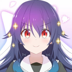 Rule 34 | &gt;:), 1girl, black shirt, blue hair, blush, closed mouth, commentary request, derivative work, gradient background, gradient hair, hair between eyes, highres, hoshikuzu telepath, konohoshi umika, looking at viewer, multicolored hair, purple background, purple hair, red eyes, sailor collar, shirt, smile, solo, sparkle, upper body, v-shaped eyebrows, white background, white sailor collar, yutsuki warabi