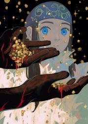 Rule 34 | 1girl, ainu, ainu clothes, asirpa, bandana, black hair, blood, blood on hands, blue bandana, blue eyes, cape, coin, fur cape, gold coin, golden kamuy, headband, highres, japanese clothes, long hair, looking at another, mai (marmastry), solo