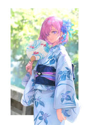 Rule 34 | 1girl, alternate costume, blue flower, blue kimono, closed mouth, commentary request, fate/grand order, fate (series), floral print, flower, hair flower, hair ornament, hair over one eye, hand fan, harupy, highres, holding, holding fan, japanese clothes, kimono, light purple hair, lips, looking at viewer, mash kyrielight, obi, pink lips, print kimono, purple eyes, sash, smile, solo, swept bangs, wide sleeves, yukata