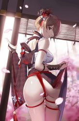 Rule 34 | 1girl, animated, animated gif, ass, ass shake, breasts, brown eyes, brown hair, cherry blossoms, fundoshi, hair ornament, honkai (series), honkai impact 3rd, japanese clothes, jiggle, large breasts, looking at viewer, looking back, merchant91, rita rossweisse, shiny skin, short hair, sideboob, smile, solo, thigh strap