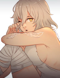 Rule 34 | 1girl, armpit crease, bandages, bandaged leg, bandages, bare shoulders, breasts, code vein, dress, hair between eyes, io (code vein), koyorin, large breasts, one eye closed, open mouth, scar, short hair, sideboob, silver hair, sitting, tattoo, torn clothes, torn dress, white dress, yellow eyes