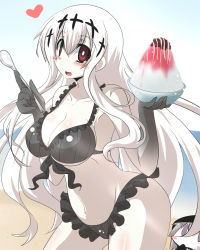 Rule 34 | 10s, 2girls, abyssal ship, aircraft carrier water oni, beach, bikini, black bikini, blush, blush stickers, breasts, chibi, cleavage, cloak, colored skin, commentary request, food, frilled bikini, frills, front-tie bikini top, front-tie top, goma (gomasamune), hair ornament, heart, highres, holding, holding food, holding spoon, hood, hood up, hooded cloak, kantai collection, large breasts, long hair, looking at viewer, multiple girls, navel, ocean, open mouth, purple eyes, re-class battleship, red eyes, sand, shaved ice, sidelocks, sketch, smile, spoon, swimsuit, white hair, white skin