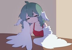 Rule 34 | 1girl, :t, ahoge, bare shoulders, birb (niniidawns), bird legs, braid, breasts, commentary, english commentary, feathered wings, feathers, green hair, hair between eyes, harpy, head rest, head wings, highres, long hair, monster girl, niniidawns, original, sad, small breasts, solo, twin braids, white feathers, white wings, wing ears, winged arms, wings