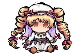 Rule 34 | 1girl, blonde hair, blush, boots, bow, bracelet, brown footwear, closed mouth, crystal, doll, dress, fumo (doll), gem, green gemstone, hair bow, hat, hat bow, highres, jewelry, keffiyeh, lis (lislisette), long hair, long sleeves, looking to the side, mob cap, necklace, orange eyes, red bow, simple background, sitting, smile, solo, tokiame (style), touhou, toy, twintails, very long hair, white background, white dress, white hat, yorigami jo&#039;on