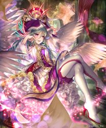 Rule 34 | 1girl, :d, blue feathers, boots, feather hair ornament, feathered wings, feathers, green hair, hair between eyes, feather hair ornament, high heel boots, high heels, holding, indoors, irua, crossed legs, long hair, magic, open mouth, purple eyes, shingeki no bahamut, sitting, smile, solo, striped, thigh boots, thighhighs, vertical stripes, white footwear, white wings, wings