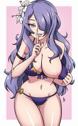 Rule 34 | 1girl, breasts, breasts out, camilla (fire emblem), fire emblem, fire emblem fates, fire emblem heroes, hair ornament, large breasts, long hair, looking at viewer, nail polish, navel, nintendo, nipples, parted lips, purple eyes, purple hair, smile, solo