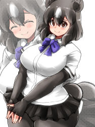Rule 34 | 1girl, animal ears, bear ears, bear girl, bear tail, black hair, blush, bodystocking, bow, bowtie, breasts, brown bear (kemono friends), brown eyes, closed eyes, closed mouth, collared shirt, colored inner hair, commentary request, curvy, fingerless gloves, flustered, flying sweatdrops, furrowed brow, gloves, grey hair, hair ornament, highres, isna (footprintsofisna), kemono friends, large breasts, layered sleeves, long sleeves, medium hair, microskirt, multicolored hair, multiple views, own hands together, shirt, short over long sleeves, short sleeves, skirt, smile, tail, thick thighs, thighs, two-tone hair, v arms, white shirt, wide hips, wing collar