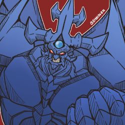 Rule 34 | artist request, clenched hand, clenched teeth, duel monster, glowing, glowing eyes, grin, horns, large pectorals, looking at viewer, muscular, obelisk the tormentor, pectorals, red background, smile, solo, teeth, wings, yu-gi-oh!