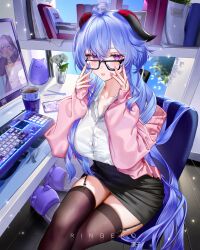 Rule 34 | 1girl, absurdres, ahoge, alternate costume, animal slippers, artist name, black skirt, black thighhighs, blue hair, breasts, cellphone, collared shirt, computer, cup, desk, ganyu (genshin impact), garter straps, genshin impact, glasses, goat horns, highres, horns, indoors, jacket, keyboard (computer), large breasts, long hair, long sleeves, looking at viewer, nail polish, office lady, open clothes, open jacket, parted lips, phone, pink jacket, pink nails, purple eyes, ringeko-chan, shirt, sitting, skindentation, skirt, sleeves past wrists, slippers, smartphone, solo, thighhighs, very long hair, white shirt